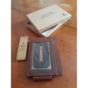 Leather architect brown RFID small wallet magnet credit card money clip